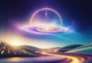 A tranquil cosmic scene featuring a vibrant spiral galaxy glowing with purple, blue, and golden hues, above a winding illuminated path through rolling hills, symbolising a journey of life and spirituality.
