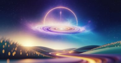 A tranquil cosmic scene featuring a vibrant spiral galaxy glowing with purple, blue, and golden hues, above a winding illuminated path through rolling hills, symbolising a journey of life and spirituality.
