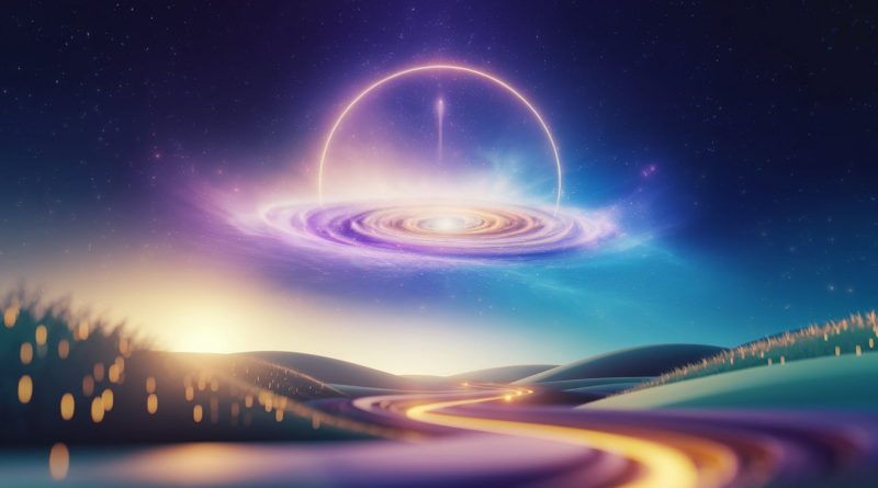 A tranquil cosmic scene featuring a vibrant spiral galaxy glowing with purple, blue, and golden hues, above a winding illuminated path through rolling hills, symbolising a journey of life and spirituality.