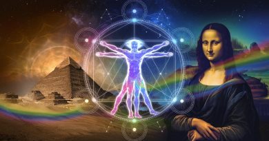 A mystical and enlightening composition featuring a radiant Vitruvian Man encased in sacred geometry, the Mona Lisa, the Great Pyramid, and a vibrant rainbow, symbolising the connection between ancient wisdom, spirituality, and cosmic evolution.