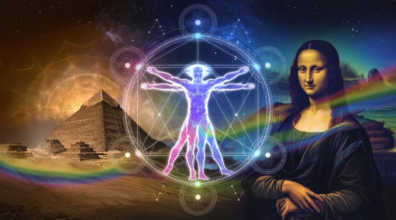 A mystical and enlightening composition featuring a radiant Vitruvian Man encased in sacred geometry, the Mona Lisa, the Great Pyramid, and a vibrant rainbow, symbolising the connection between ancient wisdom, spirituality, and cosmic evolution.