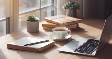 A peaceful and organised workspace featuring a cup of tea, a laptop, a journal, and a pen on a wooden desk with soft natural light and small potted plants in the background.