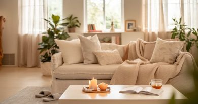 A warmly lit living room with a neutral colour palette, featuring a cosy sofa with cushions and a throw blanket, a coffee table with lit candles, a cup of tea, and an open book. Indoor plants and soft natural light create a serene and inviting atmosphere.
