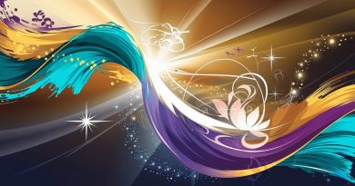 A vibrant abstract illustration symbolising creativity and spirituality, featuring dynamic brushstrokes in teal, gold, and purple, a glowing lotus flower, radiant light beams, and golden stars. It conveys transformation, joy, and personal growth.